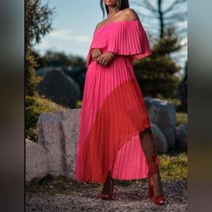 Off Shoulder Ombre Pleated Skirts Long Boho Beach Maxi Dress
